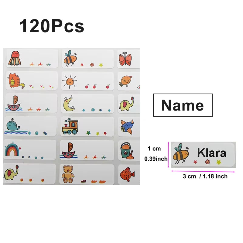 120Pcs Name Tag Sticker Customize Waterproof Stickers Children School Stationery Water Bottle Pencil Kawai Name Labels for Kids