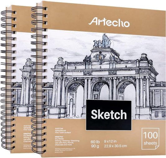 Sketch Book 9 X 12 Inch, 100 Sheets 90Gsm, Pack of 2, Spiral Sketchbook, Hardcover Sketchbook, Acid Free Sketch Paper, Sketch Pad, Sketchbook for Drawing