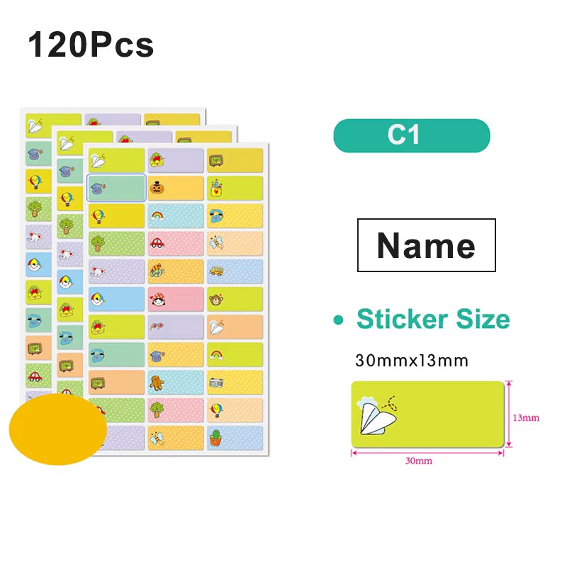 120Pcs Name Tag Sticker Customize Waterproof Stickers Children School Stationery Water Bottle Pencil Kawai Name Labels for Kids