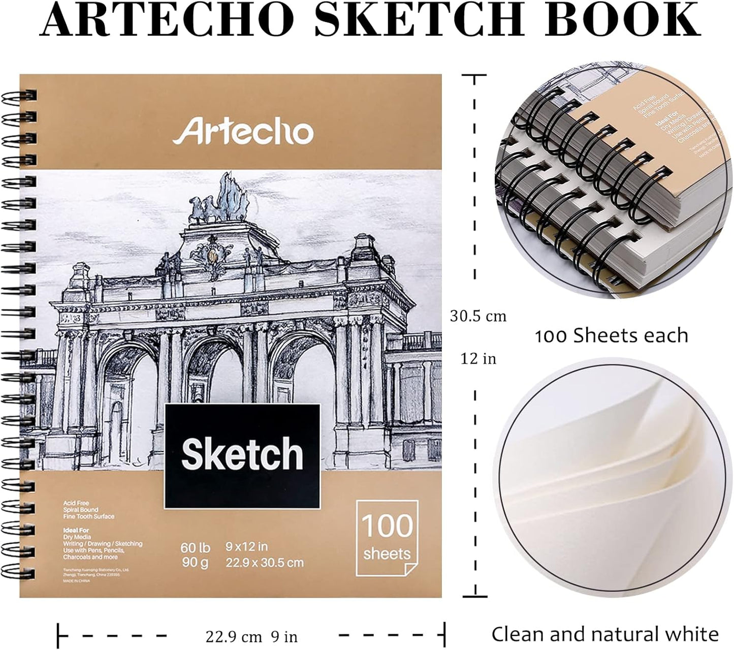 Sketch Book 9 X 12 Inch, 100 Sheets 90Gsm, Pack of 2, Spiral Sketchbook, Hardcover Sketchbook, Acid Free Sketch Paper, Sketch Pad, Sketchbook for Drawing