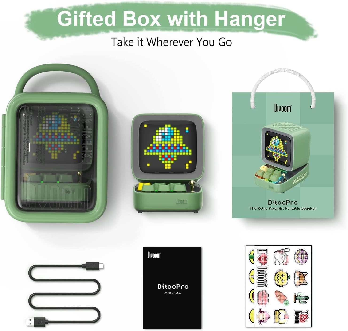 Ditoo Pro Programmable Pixel Art Led-Bluetooth-Speaker Showing-Clock Emoji DIY Design for Home Wedding Party Decoration with Wireless App Control (Green)